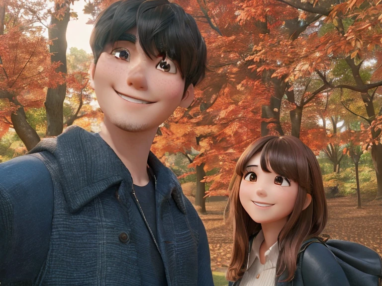 Two people are standing in front of autumn leaves。The two are lovers and are smiling happily.。The man has black hair with bangs.、Has a slightly round face。The woman has brown hair and bangs.、I have a round face。pure、Women's hair is long。