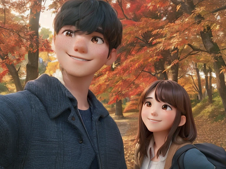 Two people are standing in front of autumn leaves。The two are lovers and are smiling happily.。The man has black hair with bangs.、Has a slightly round face。The woman has brown hair and bangs.、I have a round face。pure、Women's hair is long。