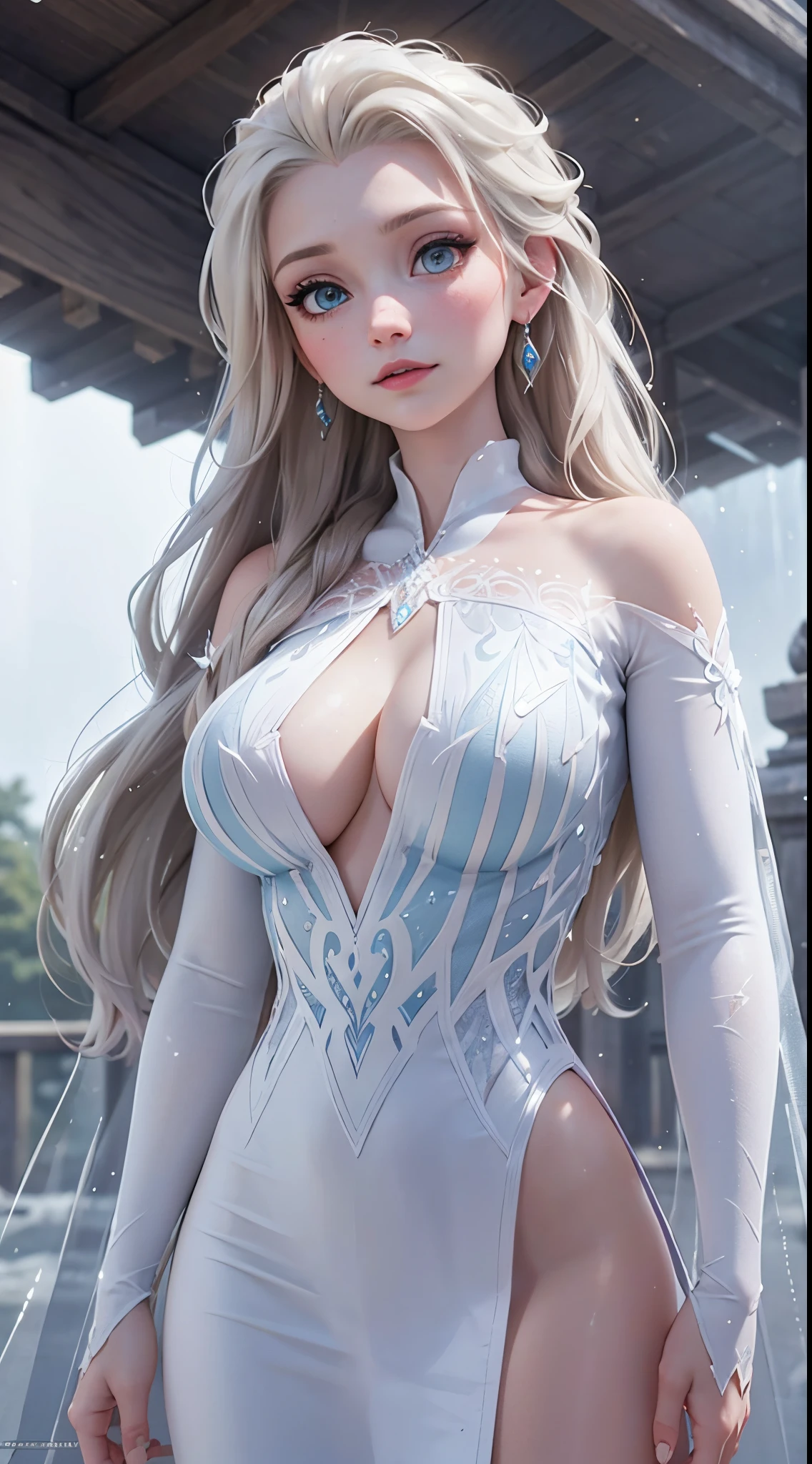 (best quality, masterpiece, colorful, dynamic angle, highest detailed) upper body photo, (elsa from frozen), fashion photography of cute white long hair girl (Stunning mature woman), ((massive gigantic breasts)), dressing high detailed Frozen white suit (high resolution textures), in dynamic pose, bokeh, (intricate details, hyperdetailed:1.15), detailed, sunlight passing through hair, epic  storm background, (official art, extreme detailed, highest detailed),