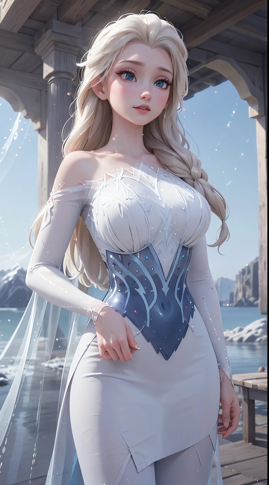 (best quality, masterpiece, colorful, dynamic angle, highest detailed) upper body photo, (elsa from frozen), fashion photography of cute white long hair girl (Stunning mature woman), ((massive gigantic breasts)), dressing high detailed Frozen white suit (high resolution textures), in dynamic pose, bokeh, (intricate details, hyperdetailed:1.15), detailed, sunlight passing through hair, epic  storm background, (official art, extreme detailed, highest detailed),