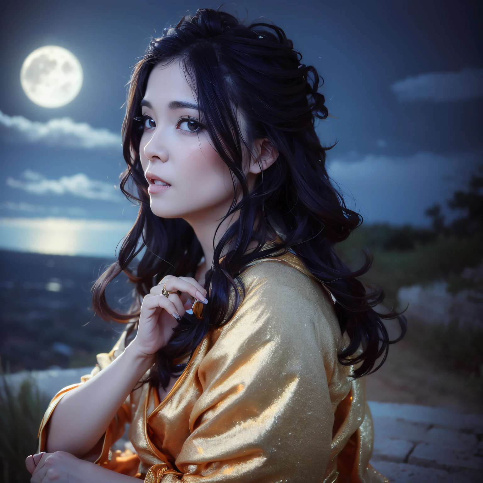 uma linda mulher, cantora, capa de single, looking-into-camera, segurando um microfone dourado, with beautiful night landscape with full moon and clouds in the sky.
