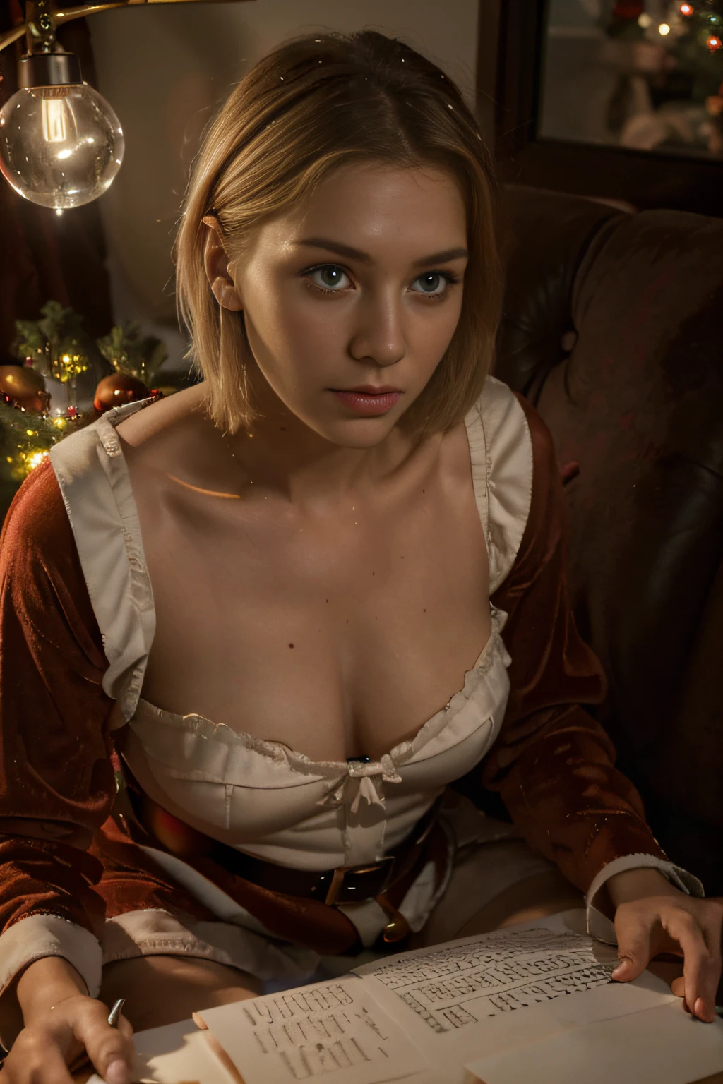 (Hd photo)) ((photo realistic)), 8k uhd, highest quality, film grain, Fujifilm XT3, (hyperrealism:1.2), (8K UHD:1.2), (photorealistic:1.2), ((detailed face, detailed skin texture, film look, film grain)), (( sharp details)), leica camera f4 lens, 23 years old blonde girl Simona, (((short blonde hair))), striking, metallic blue eyes, Prominent red lipakeup), Small regular nose, Slender, harmoniously built, in a sexy Christmas nightgown sitting on a velvet couch in a dimly lit room, next to a luxuriously designed reading lamp, and (((writing a letter to Santa Claus))).