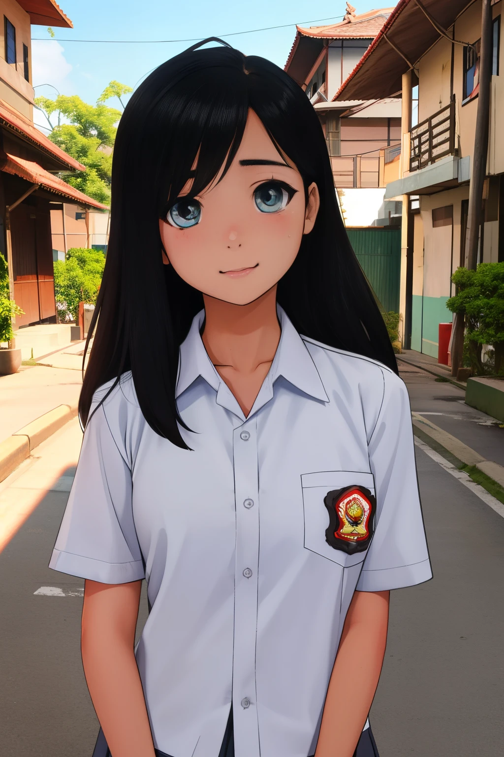 (masterpiece), best quality, young black haired girl wearing indonesian high school uniform, detailed city street background, cute facekatsura masakazu, studio lighting, cel shaded, crisp and sharp, rounded eyes, bright daylight