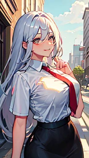 ((high detail)), (Masterpiece: 1.6, Best Quality), (Fine and Beautiful Eyes: 1.2), (Overhead), ((Super High Quality)), Beautiful Face, 1girl, Big Tits, white Long Hair, Wide Hips, (Landscaped), Street, Background, Detail Background, Spooky Grin, Angled Laughter at the Corners of Mouth, see-through shirt, bikini, narrow Shirt, Tie, Office Lady, Mature