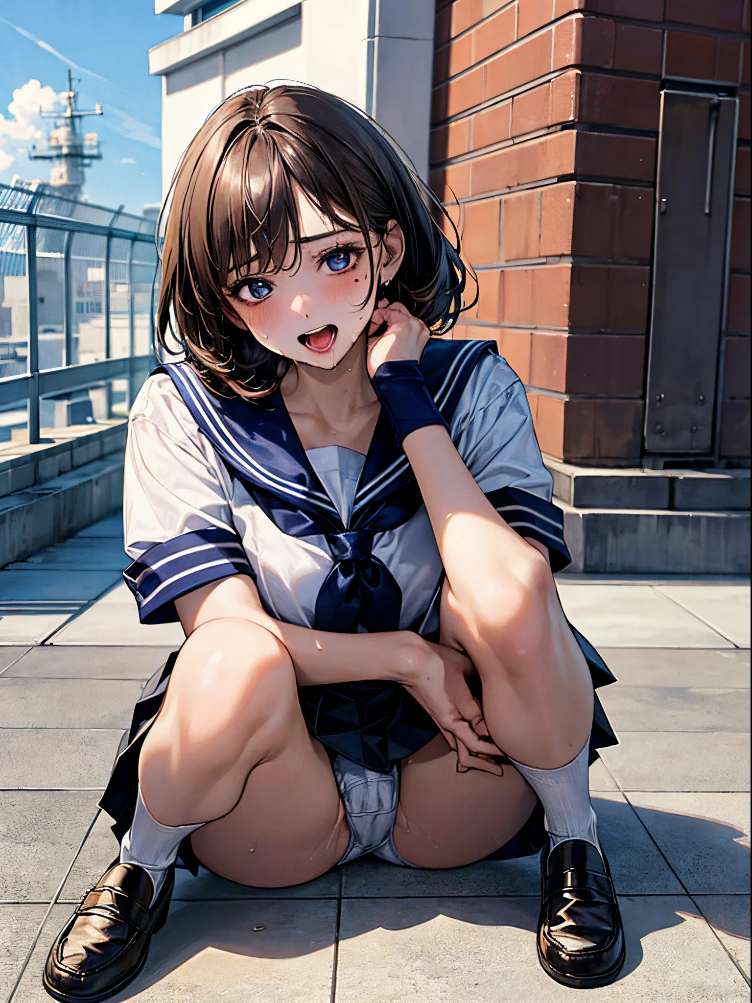 (((perfect anatomy, anatomically correct, super detailed skin))), 1 girl, japanese, high school girl, shiny skin, watching the viewer,
beautiful hair, beautiful face, beautiful detailed eyes, (short hair:1.1, bob cut:1.2), dark blonde hair:1, blue eyes, face, mole under eye,
beautiful clavicle, beautiful body, beautiful breasts, large breasts:0.5, beautiful thighs, beautiful legs,
((short sleeves, all navy cute sailor suit, navy pleated skirt, navy sailor collar, blue sailor scarf, socks, brown loafers)), seductive thighs, ,
((ahegao, ashamed, droolng, open mouth, sweaty)), ((squatting, spread legs, (hand in panties, female masturbation), lifting skirt myself, leaking pee:)),
(beautiful scenery), summer, school rooftop, building, chain-link fence,
8k, top quality, masterpiece:1.2, extremely detailed), (photorealistic), beautiful illustration, natural lighting, ,