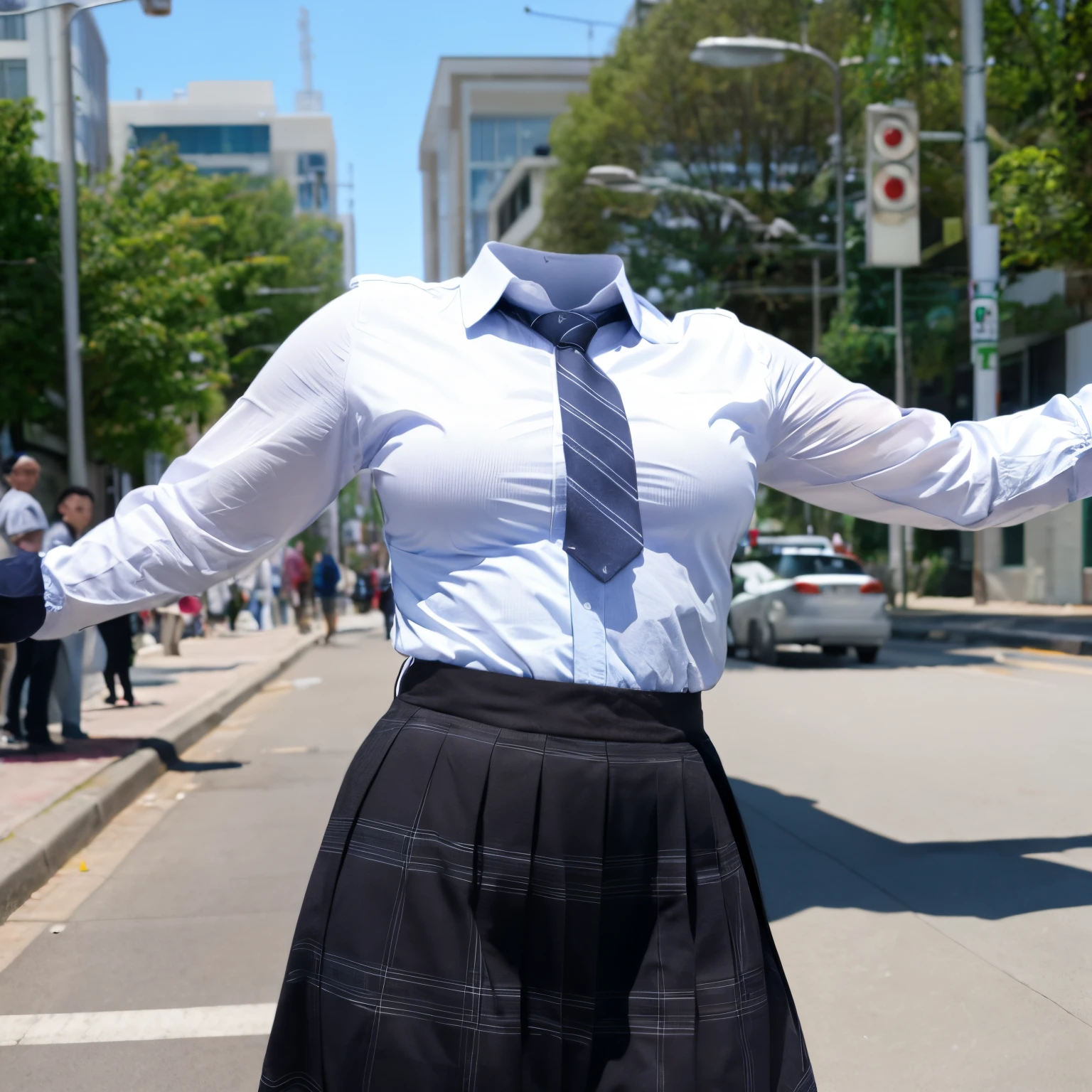 chubby, fat, white shirt, blue stripe tie, school tie, school uniform, plaid skirt, (from below), (two girls are good friends), cute pose, (invisible, no humans, headless, faceless:1.5), cute big breasts, (8k, RAW photo, best quality, masterpiece:1.2), (realistic, photo-realistic:1.37), photon mapping, radiosity, ((Hasselblad photography)), physically-based rendering