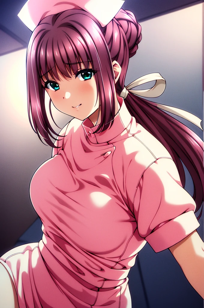 white backgrounid,
longer sleeves, nurses, nurse hat,Pink hat , Pink skirt,
By bangs, Brown hair,pony tails,green-eyed,long whitr hair,hair intakes,
1 girl, 20 years,younger female,Beautiful Finger,Beautiful long legs,beaturiful body,beautiful nose,Beautiful character design, perfect  eyes, s the perfect face,Expressive eyes,Perfect balance,
looking at viewert,(focus on her face),Keep your mouth shut, (Innocent_bigger_The eye:1.0),optic_ssmile,
offcial art,extremely detaild的 CG unified 8k wallpapers, perfect litthing,Colorful, bright_frontage_the face_lamplight,Glossy glossy skin, 
(tmasterpiece:1.0),(The best_quality:1.0), 超A high resolution,4K,ultra - detailed,
photography of, 8K, HighDynamicRange, A high resolution, absurd res:1.2, Cordas Portela 400, filmgrain, vague background, bokeh:1.2, lens flare glow, (A vibrant_colours:1.2),profesional photo, 
(The beautiful,bigger_:1.4), (The beautiful_the face:1.5),(Narrow_waistup),