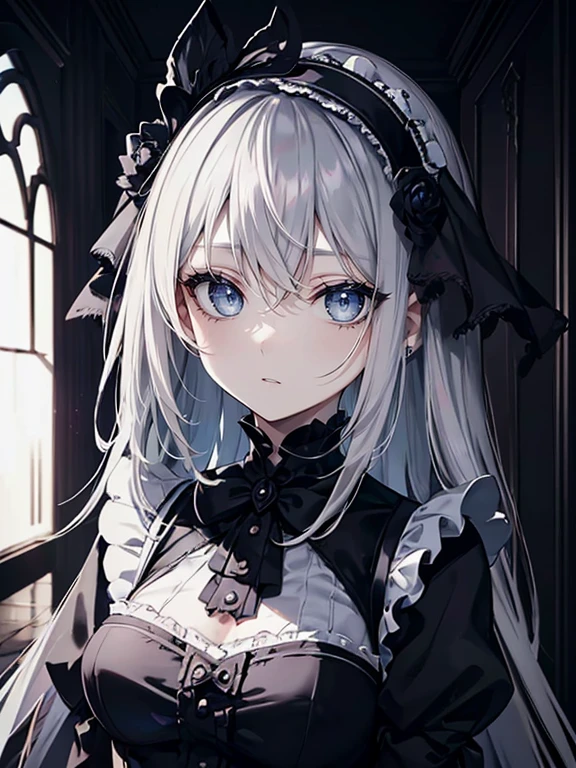 (masutepiece,Best Quality,Ultra-detailed),1girl in,beautiful and detailed face, Detailed eyes,Looking at Viewer,((grey theme),little smiling、Redness of the cheeks,diadems,Gothic Maid uniform,(Foreground),In the old mansion,hallway,Dark