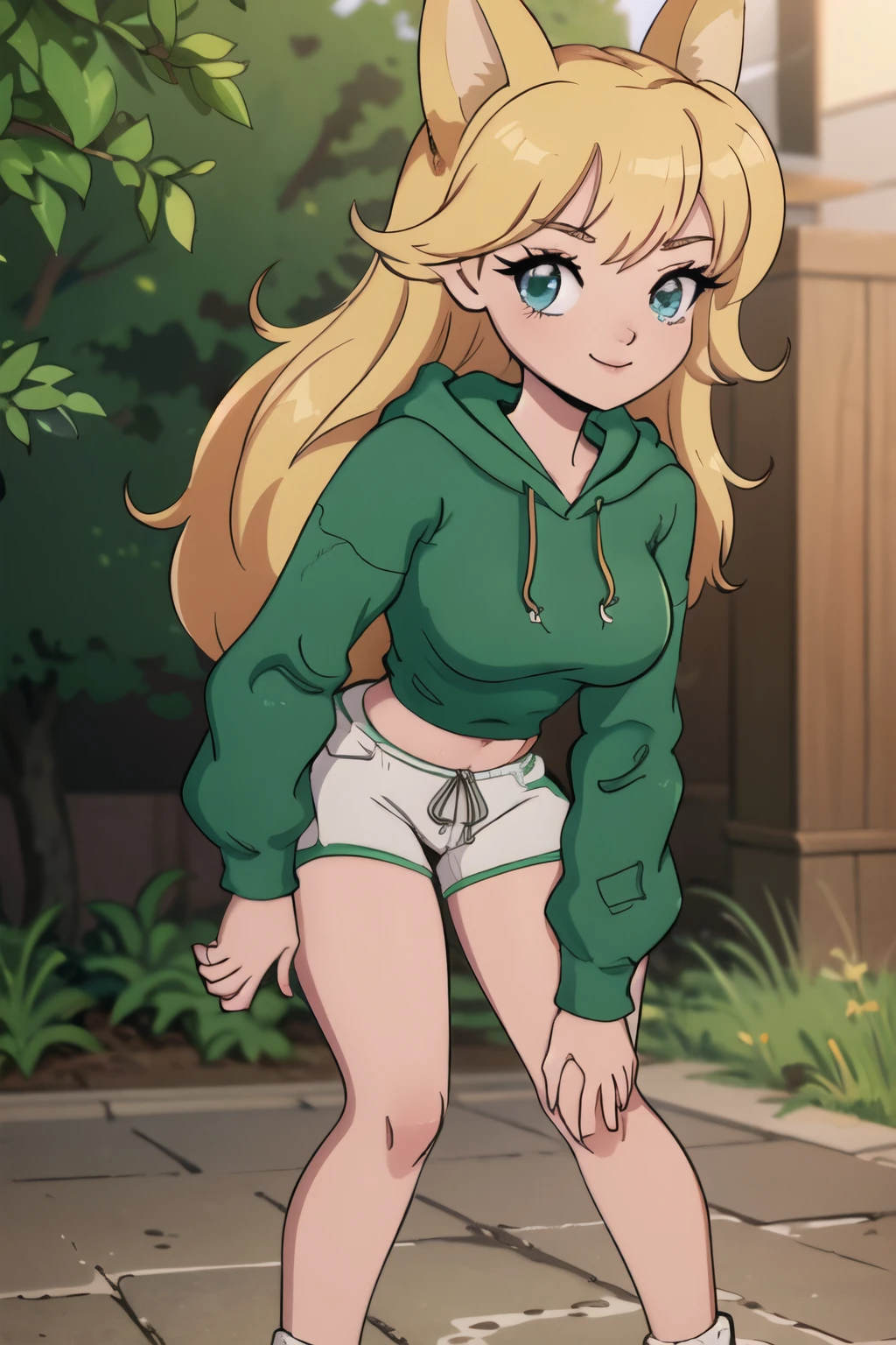 Beautiful 1girl, full body, ager, solo, (very long waist length blonde hair, straight blonde hair: 1.28), ((light blue eyes)), clear skin, (large darker fox ears: 1.35), pale skin, medium breasts, (thin hips, thin waist , athletic body: 1.25), background, looking away, mischievous smile, (wearing a big oversized green hoodie: 1.5), (hands on knees, bending over: 1.6), 4k textures, soft light, elegant, highly detailed, sharp focus, soothing tones,