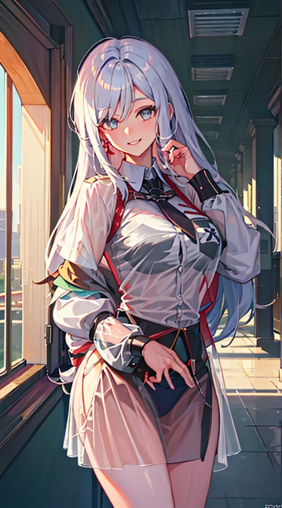 ((high detail)), (Masterpiece: 1.6, Best Quality), (Fine and Beautiful Eyes: 1.2), (Overhead), ((Super High Quality)), High Quality, Beautiful Face, 1girl, Big Tits, white Long Hair, Wide Hips, (Landscaped), Street, Background, Detail Background, Spooky Grin, Angled Laughter at the Corners of Mouth, see-through shirt, bikini, narrow Shirt, Tie, Office Lady, Mature