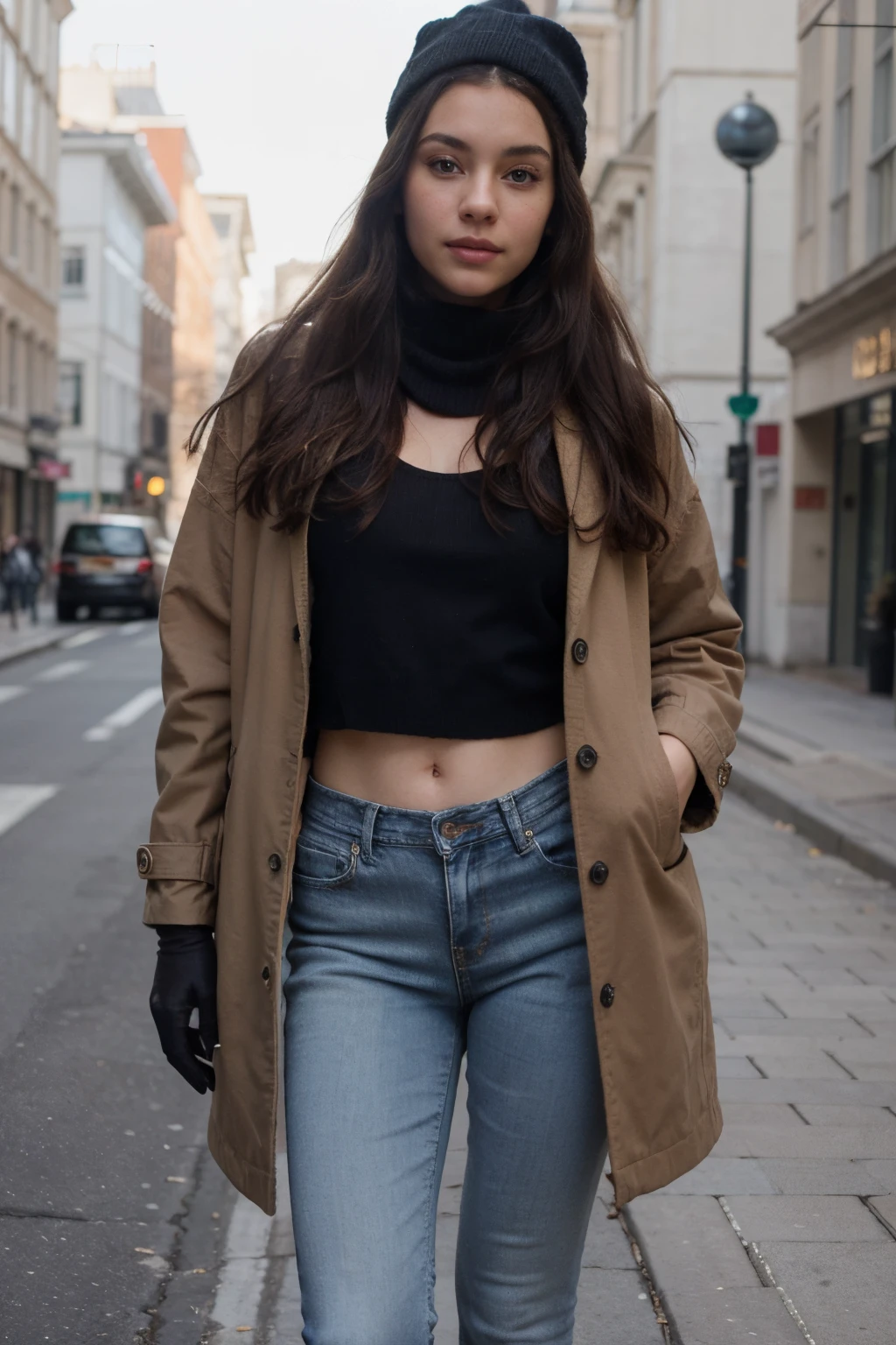 ((best quality)), ((masterpiece)), (detailed), young girl, tall girl, tan, messed up hair, long black hair, jeans, jacket, coat, long sleave sweater, scarf, gloves, hat, photorealistic picture, natural skin, high resolution, beautiful face, (full body picture), realistic skin, natural looking hair, bright background, sexy pose.
