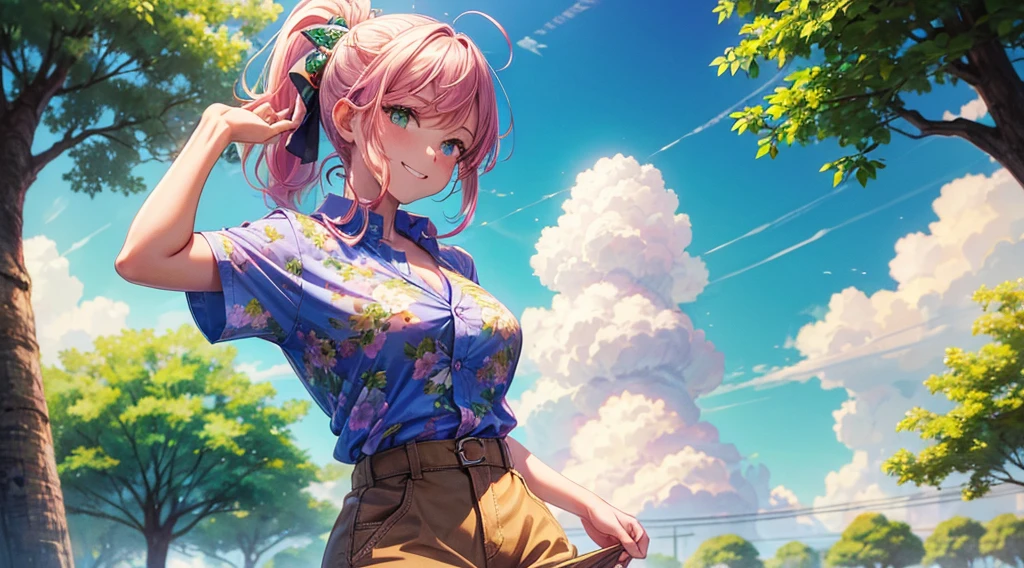 1girl, solo, summer, village, trees, sun, clouds, ((colorful hair)), ponytail, large breasts, button down, green eyes, ((floral pattern shirt)), ((unbuttoned shirt)), ((short sleeved shirt)), shorts, brown shoes, grin, looking at the viewer, standing, hair ribbon