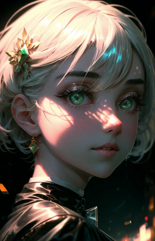 ultra realistic, 4k, masterpiece, best quality, ultra-detailed, illustration, 1girl, white hair, bobcut, emerald green eyes, glittery eyes, (close-up:0.6), straight on, face focus , highly detailed skin, full lips, smiling, red plump lips, glowing skin, dark green eyes, black eyeliner, smokey eyes, (3D:0.5)