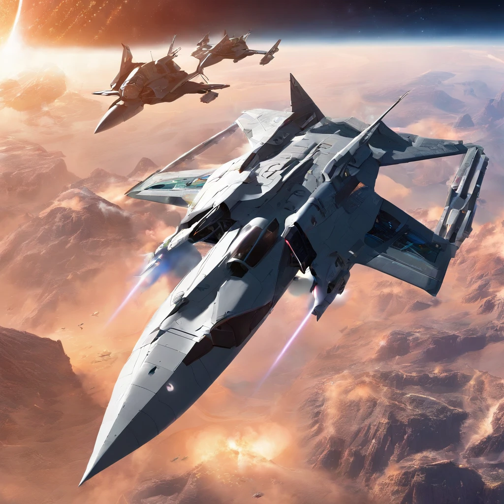 Create futuristic hyperrealistic works of art, with sophisticated advanced technologies. futuristic fighter orbital plane with many details, Bright Light Capture, flying machines, Crossing the Sky. combat fighter orbital aircraft, space fighter, orbital plane, Beithon Empire, 8K resolution, higly detailed, photo realistic Combat space fighter of the Beiton Empire, multi-purpose spacecraft, designed for combat operations in space and atmosphere, used to destroy enemy ships, satellites and ground objects. space fighter advantages over other spacecraft, has high speed and maneuverability, which allows him to effectively attack enemy targets, shuttle space fighter has powerful weapons to destroy targets at long distances. Battle shuttles - the space fighter of the Beithon Empire are an important element of its military power. They are used to protect the empire from external threats and to conduct offensive operations. Technical characteristics of the combat space fighter of the Beiton Empire, wingspan: 12,56 m, Aircraft length: 18,90 m, Aircraft altitude: 5,09 m, Wing area: 78,04 m², fart: 20000 km/h Flight range: 100,000 kilometers Armament: rocket launchers, small arms crew: 2 people, Use of the Battle Shuttle of the Beithon Empire, Battle shuttles of the Beithon Empire can be used for the following purposes: Destroying enemy ships and satellites, Attacking ground targets, Ground support, reconnaissance, Delivery of troops and cargo, Battle shuttles of the Beithon Empire played an important role in several major battles, including the Beithon Empire's War of Independence and the Alliance War.