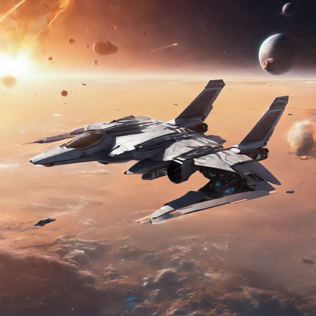 Create futuristic hyperrealistic works of art, with sophisticated advanced technologies. futuristic fighter orbital plane with many details, Bright Light Capture, flying machines, Crossing the Sky. combat fighter orbital aircraft, space fighter, orbital plane, Beithon Empire, 8K resolution, higly detailed, photo realistic Combat space fighter of the Beiton Empire, multi-purpose spacecraft, designed for combat operations in space and atmosphere, used to destroy enemy ships, satellites and ground objects. space fighter advantages over other spacecraft, has high speed and maneuverability, which allows him to effectively attack enemy targets, shuttle space fighter has powerful weapons to destroy targets at long distances. Battle shuttles - the space fighter of the Beithon Empire are an important element of its military power. They are used to protect the empire from external threats and to conduct offensive operations. Technical characteristics of the combat space fighter of the Beiton Empire, wingspan: 12,56 m, Aircraft length: 18,90 m, Aircraft altitude: 5,09 m, Wing area: 78,04 m², fart: 20000 km/h Flight range: 100,000 kilometers Armament: rocket launchers, small arms crew: 2 people, Use of the Battle Shuttle of the Beithon Empire, Battle shuttles of the Beithon Empire can be used for the following purposes: Destroying enemy ships and satellites, Attacking ground targets, Ground support, reconnaissance, Delivery of troops and cargo, Battle shuttles of the Beithon Empire played an important role in several major battles, including the Beithon Empire's War of Independence and the Alliance War.