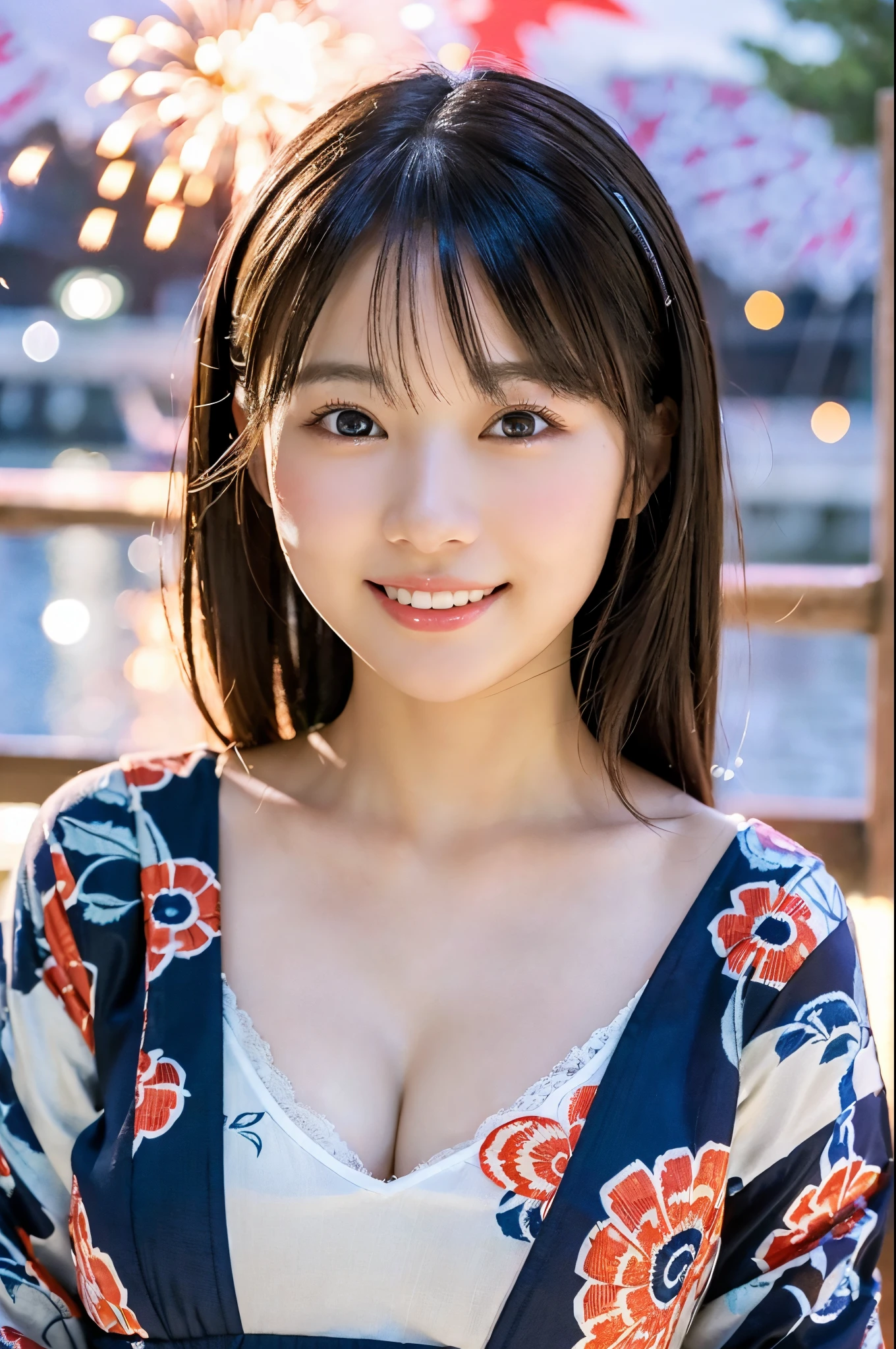 ulzzang -6500-v1.1, (Raw photo:1.2), (Photorealsitic), a beautiful detailed girl, (Real: 1.4), extremely detailed eye and face, ((Yukata with red floral pattern;1.3))、((Fireworks in the background:1.2)), selfee, Instagram、game_nffsw, huge filesize, hight resolution, ighly detailed, top-quality, [​masterpiece:1.6], illustratio, ighly detailed, nffsw, finely detail, top-quality, 8k wallpaper, Cinematographic lighting, 1girl in, , perfect body type, cute droopy eyes beautiful big eyes、Pieckfinger, ((masutepiece)), Best Quality, eye shadow,  Portrait, ((FULL BODYSHOT:1.4))、(Very affectionate smile:1.2)、realistic skin textures、shinny skin、