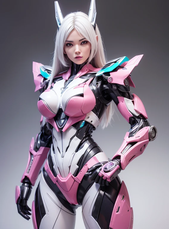 Character design of a woman wearing a pink cybernetic exoskeleton、Gray Hair、Concept Design Sheet、White background、Yoji Shinkawa's style --s 750 --niji 5