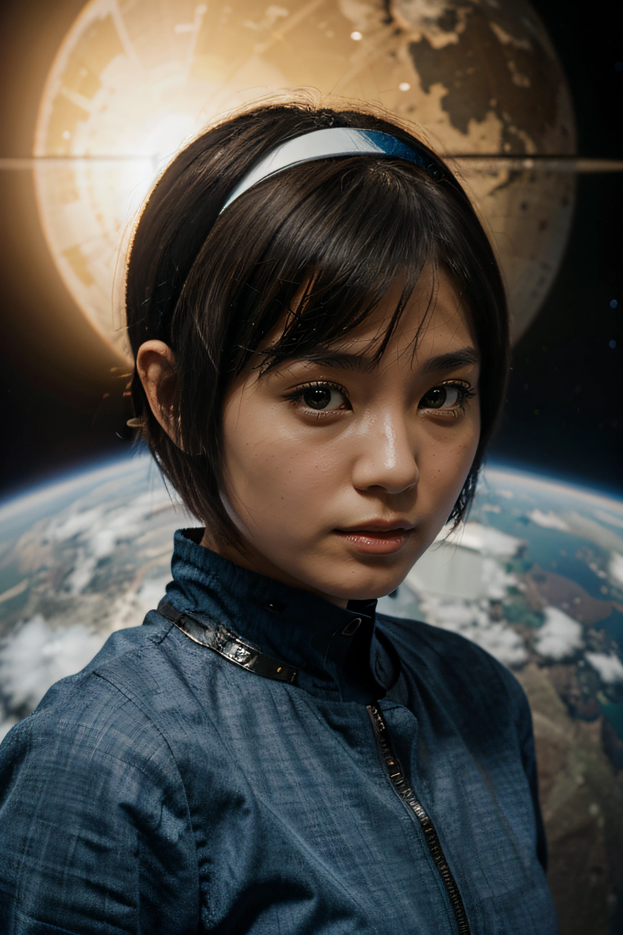 space fighters, japanaese girl, planet, head band, Sorting cut hair