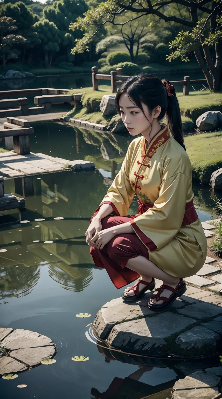 Yang、Chinese clothing、Crouching by the pond and looking at the water surface
