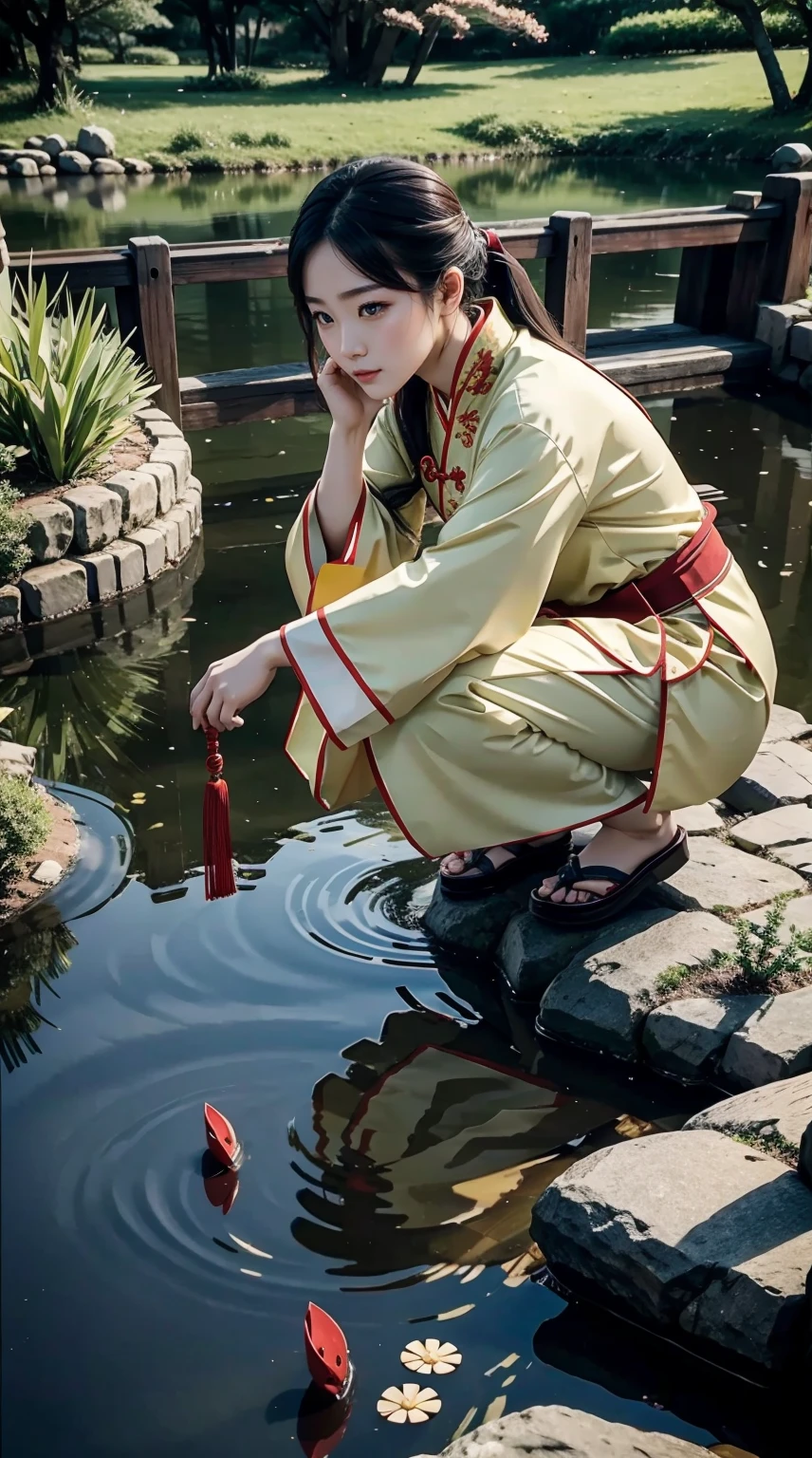 Yang、Chinese clothing、Crouching by the pond and looking at the water surface