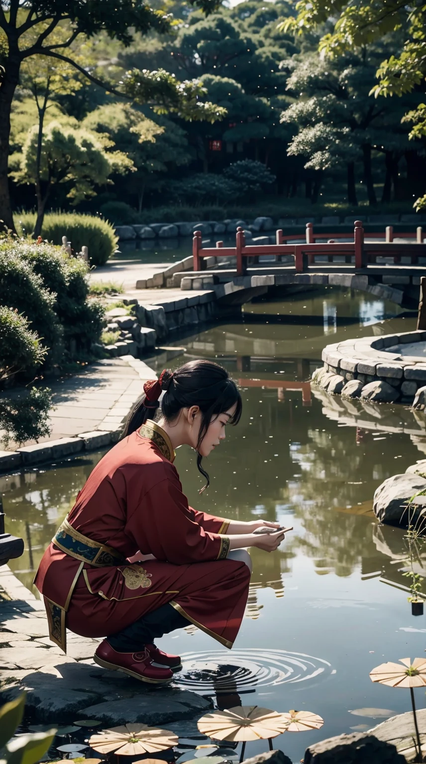 Yang、Chinese clothing、Crouching by the pond and looking at the water surface
