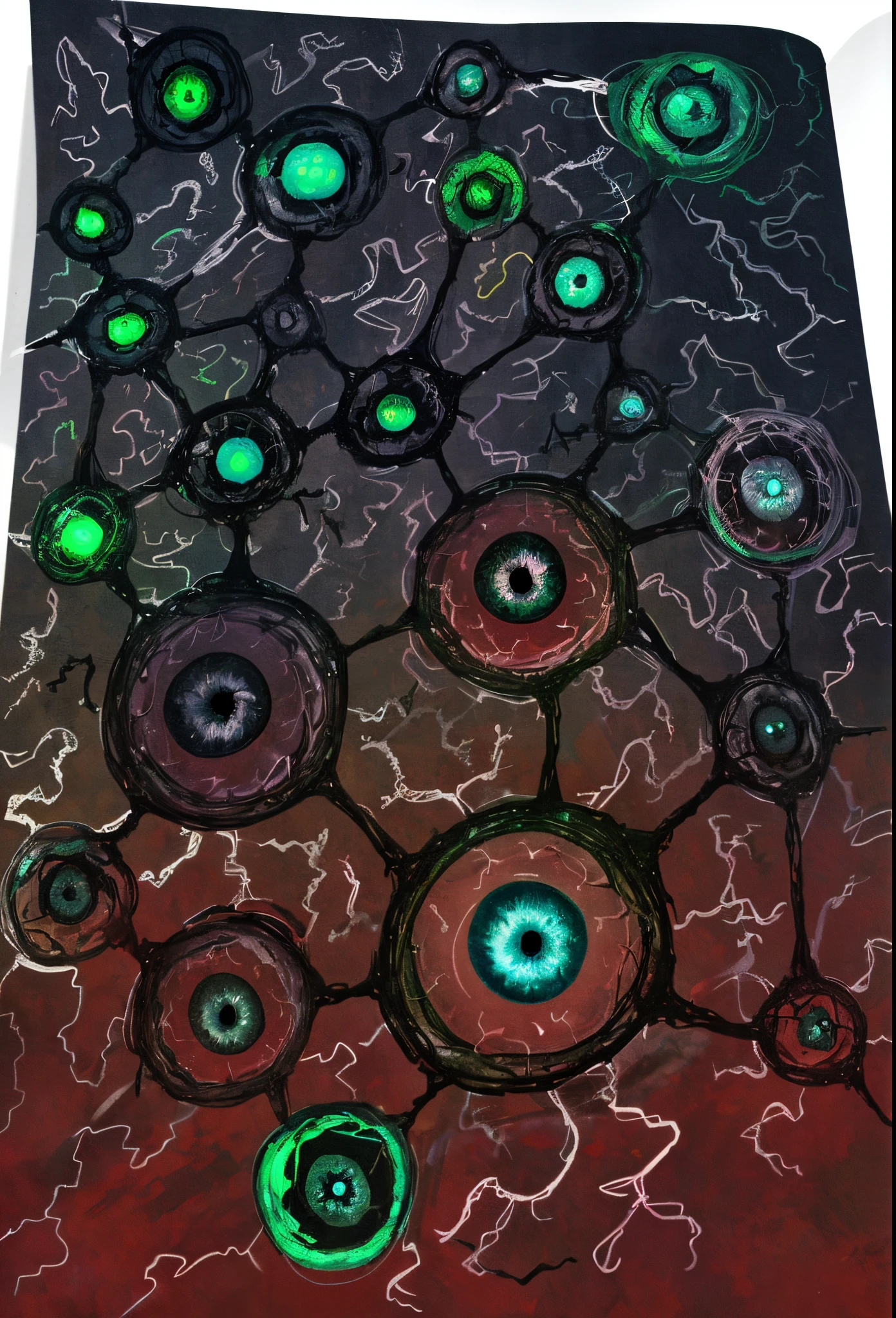 Picture of a bunch of cell like eyes , digital artwork. sharp focus, abstract art, cellular structures, brain like background