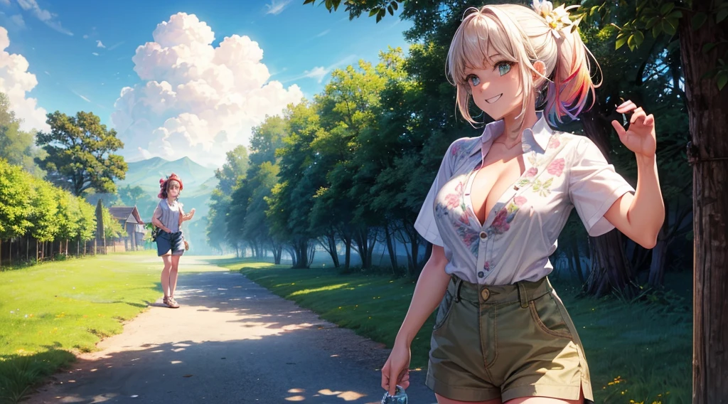 1girl, solo, summer, village, trees, sun, clouds, ((colorful hair)), ponytail, large breasts, button down, green eyes, ((floral pattern white shirt)), ((unbuttoned shirt)), ((short sleeved shirt)), belly reveal, shorts, brown shoes, grin, looking at the viewer, standing, hair ribbon, bottle in hand