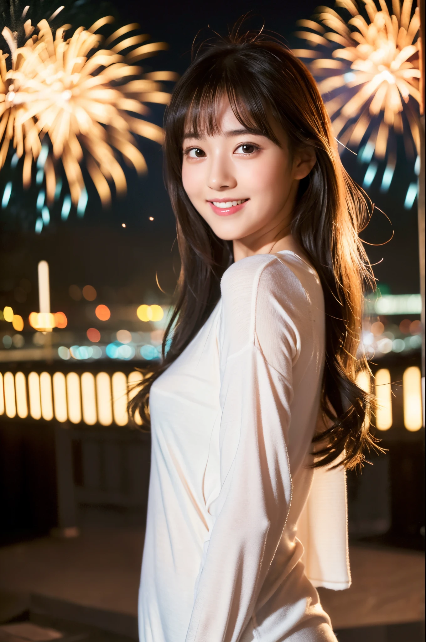 Have long flowing hair、Very Beautiful Japan Woman。She is wearing a skirt、He has striking bluish-black eyes and a bright smile.。The background is the seaside at night、They are happily watching the fireworks。
The image style is realistic.、It adds a touch of glamour.。
