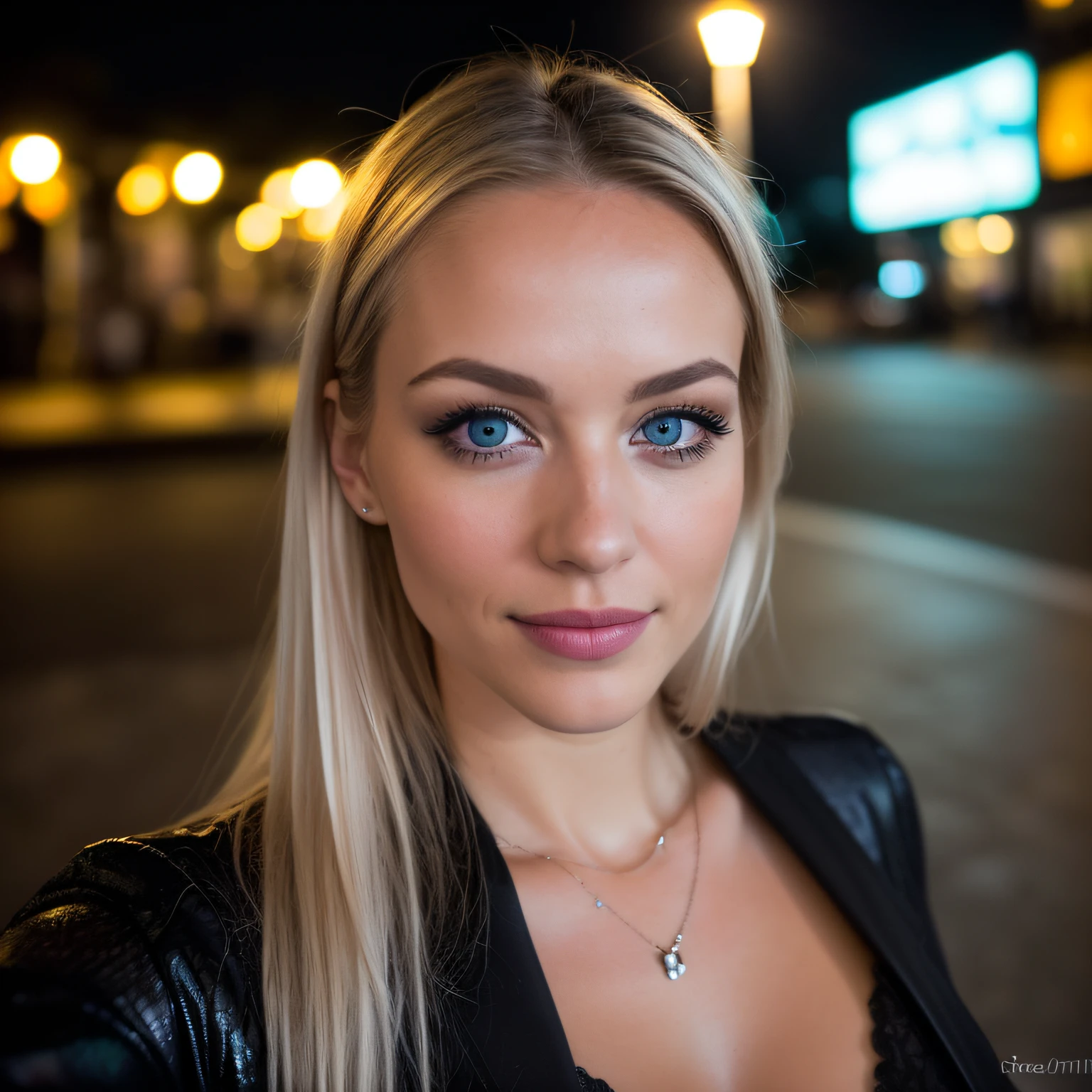 (Selfie, Draufsicht: 1.4), (straight half of the body: 1.4), RAW UHD portrait photo of a 24-year-old blonde (Blue-eyed woman) going down a disco big breasts,, Stadt bei Nacht, (Rock), (Ausschnitt), Details (Gewebe! , Haar! , Glitzer, Farbe!! , Benachteiligungen: 1.1), shiny eyes with high level of detail (Blick in die Kamera), SLR-Beleuchtung, Spiegelreflexkamera, ultra quality, Sharpness, Depth of field, Filmkorn (Mitte), Fujifilm XT3, kristallklar, Rahmenmitte, Beautiful face, Scharfer Fokus, Streetlight, Neonbeleuchtung, bokeh (schwach beleuchtet), Nacht, (Nachthimmel), Detaillierte Hautporen, Oily skin, Sonnenbrand, Komplexe AugenDetails, full entire body, big boobs