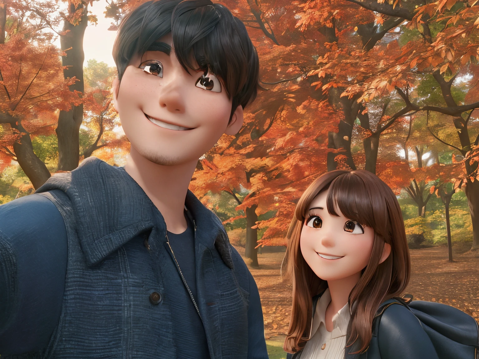 Two people are standing in front of autumn leaves。The two are lovers and are smiling happily.。The man has black hair with bangs.、Has a slightly round face。The woman has brown hair and bangs.、I have a round face。pure、Women's hair is long。