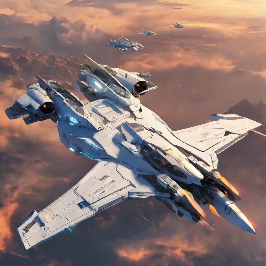 futuristic hyperrealistic artwork, with sophisticated advanced technologies. futuristic fighter orbital plane with many details, Bright Light Capture, flying machines, Crossing the Sky. combat fighter orbital aircraft, space fighter, orbital plane, Beithon Empire, 8K resolution, higly detailed, photo realistic Combat space fighter of the Beiton Empire, multi-purpose spacecraft, designed for combat operations in space and atmosphere, used to destroy enemy ships, satellites and ground objects. space fighter advantages over other spacecraft, has high speed and maneuverability, which allows him to effectively attack enemy targets, shuttle space fighter has powerful weapons to destroy targets at long distances. Battle shuttles - the space fighter of the Beithon Empire are an important element of its military power. They are used to protect the empire from external threats and to conduct offensive operations. Technical characteristics of the combat space fighter of the Beiton Empire, wingspan: 12,56 m, Aircraft length: 18,90 m, Aircraft altitude: 5,09 m, Wing area: 78,04 m², fart: 20000 km/h Flight range: 100,000 kilometers Armament: rocket launchers, small arms crew: 2 people, Use of the Battle Shuttle of the Beithon Empire, Battle shuttles of the Beithon Empire can be used for the following purposes: Destroying enemy ships and satellites, Attacking ground targets, Ground support, reconnaissance, Delivery of troops and cargo, Battle shuttles of the Beithon Empire played an important role in several major battles, including the Beithon Empire&#39;s War of Independence and the Alliance War.