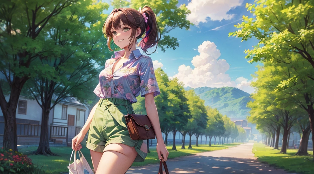 1girl, solo, summer, village, trees, sun, clouds, ((colorful hair)), ponytail, large breasts, button down, green eyes, ((floral pattern shirt)), ((unbuttoned shirt)), ((short sleeved shirt)), belly reveal, shorts, brown shoes, grin, looking at the viewer, standing, hair ribbon, bag on shoulder