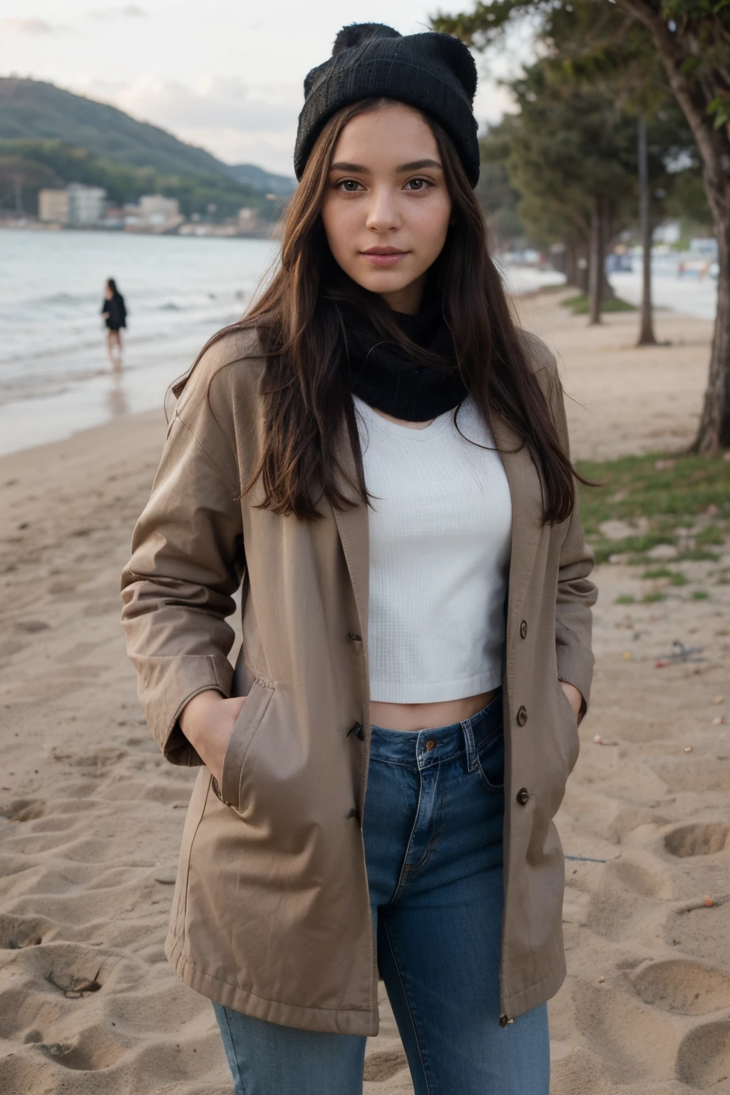 ((best quality)), ((masterpiece)), (detailed), young girl, tall girl, tan, at the beach, messed up hair, long black hair, jeans, jacket, coat, long sleave sweater, scarf, gloves, hat, photorealistic picture, natural skin, high resolution, beautiful face, (full body picture), realistic skin, natural looking hair, bright background, sexy pose.