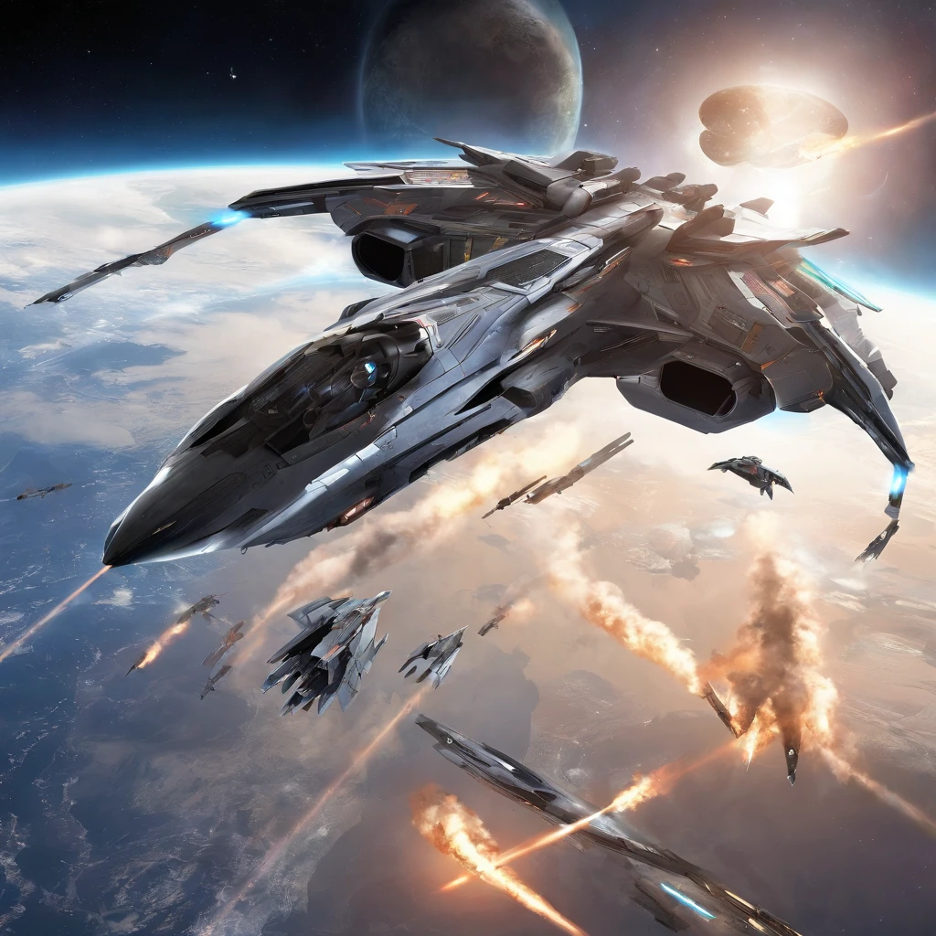 futuristic hyperrealistic artwork, with sophisticated advanced technologies. futuristic fighter orbital plane with many details, Bright Light Capture, flying machines, Crossing the Sky. combat fighter orbital aircraft, space fighter, orbital plane, Beithon Empire, 8K resolution, higly detailed, photo realistic Combat space fighter of the Beiton Empire, multi-purpose spacecraft, designed for combat operations in space and atmosphere, used to destroy enemy ships, satellites and ground objects. space fighter advantages over other spacecraft, has high speed and maneuverability, which allows him to effectively attack enemy targets, shuttle space fighter has powerful weapons to destroy targets at long distances. Battle shuttles - the space fighter of the Beithon Empire are an important element of its military power. They are used to protect the empire from external threats and to conduct offensive operations. Technical characteristics of the combat space fighter of the Beiton Empire, wingspan: 12,56 m, Aircraft length: 18,90 m, Aircraft altitude: 5,09 m, Wing area: 78,04 m², fart: 20000 km/h Flight range: 100,000 kilometers Armament: rocket launchers, small arms crew: 2 people, Use of the Battle Shuttle of the Beithon Empire, Battle shuttles of the Beithon Empire can be used for the following purposes: Destroying enemy ships and satellites, Attacking ground targets, Ground support, reconnaissance, Delivery of troops and cargo, Battle shuttles of the Beithon Empire played an important role in several major battles, including the Beithon Empire's War of Independence and the Alliance War.