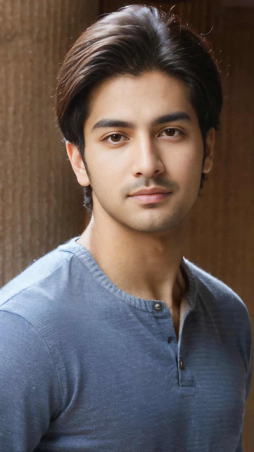 Create a Handsome boy name "Aarav Khanna" age 22 wearing black cloth looking to the camera in meeting
