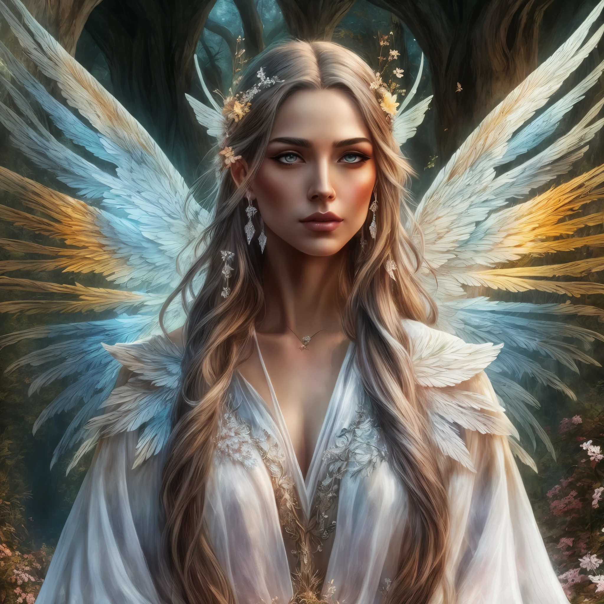 a woman with long hair and wings standing in a forest, beautiful fantasy art, beautiful fantasy art portrait, very beautiful fantasy art, amazing fantasy art, fantasy art style, 4k fantasy art, epic fantasy art style hd, detailed fantasy digital art, digital art fantasy art, detailed fantasy art, colorfull digital fantasy art, fantasy style art, breathtaking fantasy art