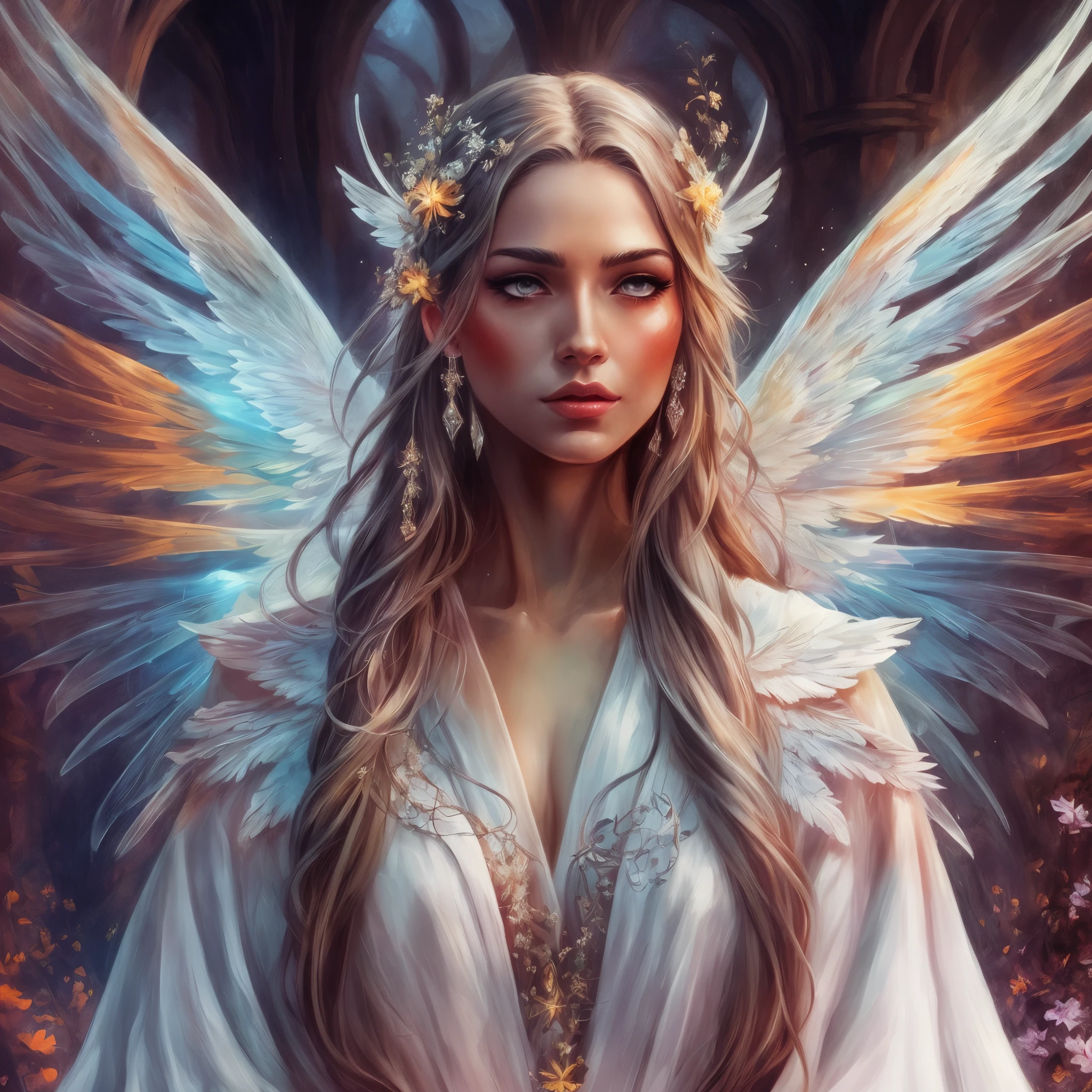 a woman with long hair and wings  standing in a forest, beautiful fantasy art, beautiful fantasy art portrait, very beautiful fantasy art, amazing fantasy art, fantasy art style, 4k fantasy art, epic fantasy art style hd, detailed fantasy digital art, digital art fantasy art, detailed fantasy art, colorfull digital fantasy art, fantasy style art, breathtaking fantasy art