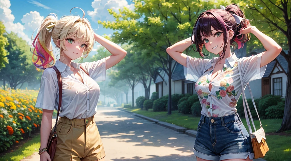 (masterpiece, best quality:1.4), Young blonde beauty, (((18 years old, neat girl))), detailed blue eyes, long eyelashes, blush, kind smile, horny, upper body, bikini top, small ass, round ass, pink skirt, (looking at viewer), beautiful blonde hair, white-skinned, (bangs:1.3), ponytail, (medium size breasts), (mushroom forest, celestial forest, beautiful and magnificent pink sunshine, majestic sky), natural light, pastel colors