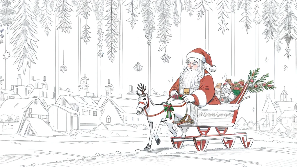 (santa claus solo:1.2)、masterpiece、Fly through the night sky with reindeer on a wooden sleigh、reindeer is in front of a wooden sleigh、A smile、Chibi Chara、full body Esbian、monochromes、line-drawing、White background、snowscape、A delightful、Christmas atmosphere、idyllic