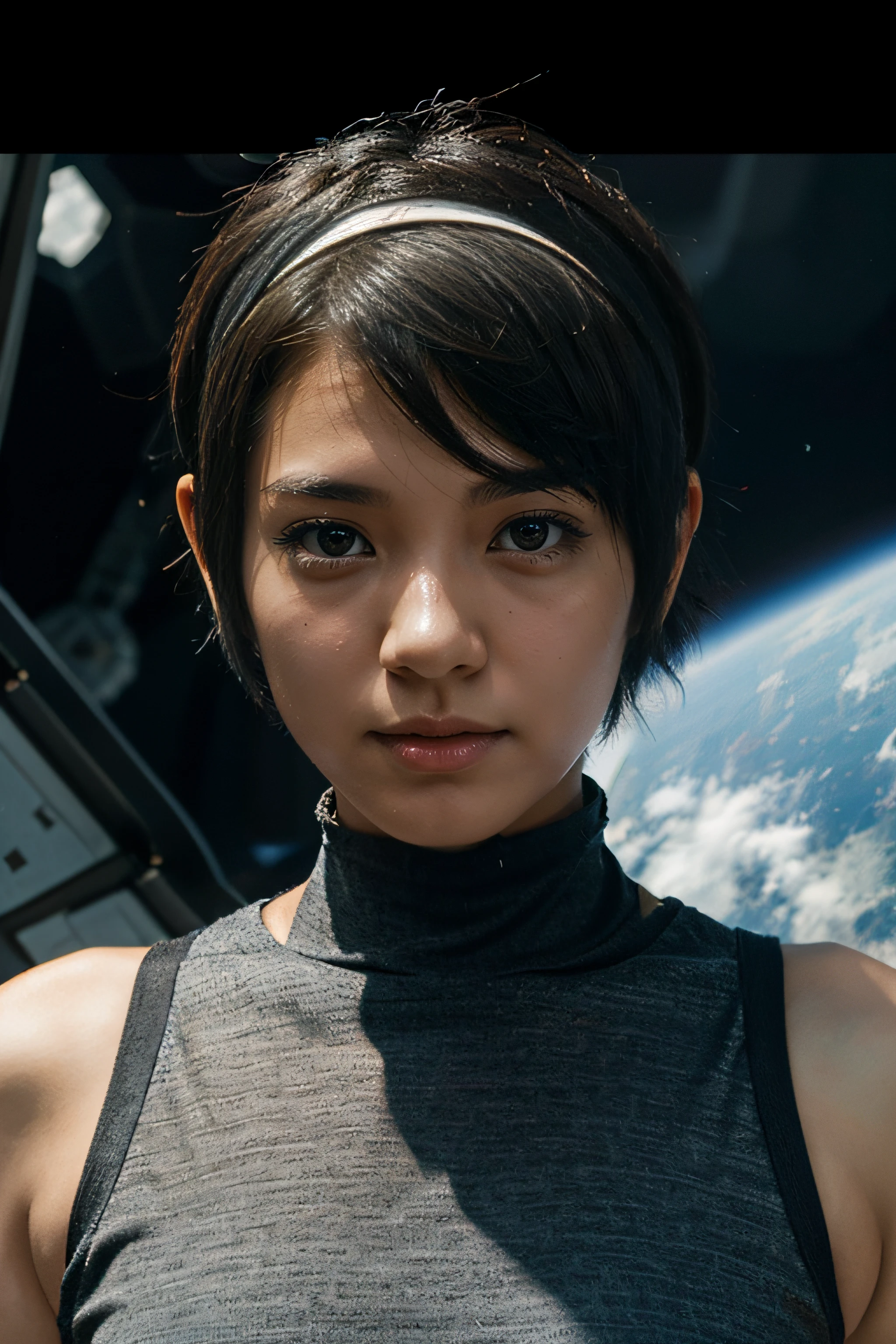 space fighters, japanaese girl, planet, head band, short cut hair, Incom