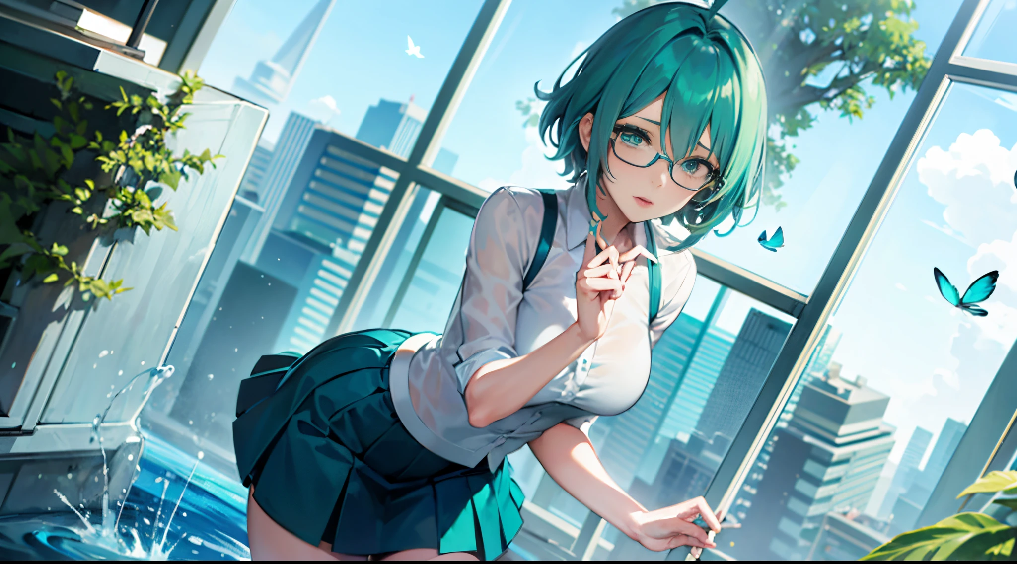1girl, 53 years old, milf, teal and green hair, messy hair, asymmetrical hair, ahoge, very short hair, aqua eyes, medium breasts, pale skin, glasses, transparent water, blue butterfly, pure white gauze skirt, sparkling