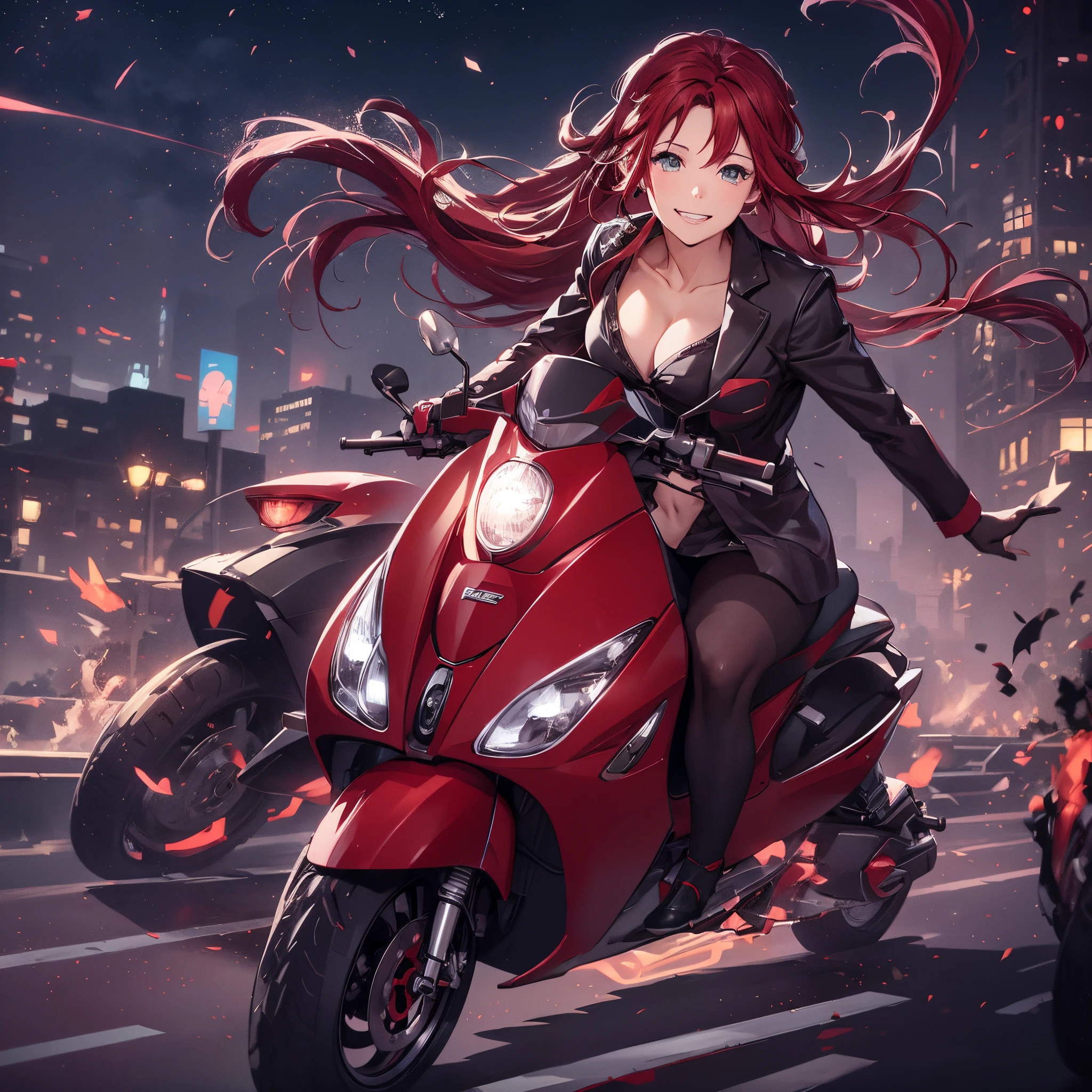 Riding a red and black scooter、(slow motion:1.3)、(motion-blur:1.3)、(SPEEDLINE:1.4)、Sense of speed、mermaid、Red hair、sparks and smoke from tires、Invincible smile