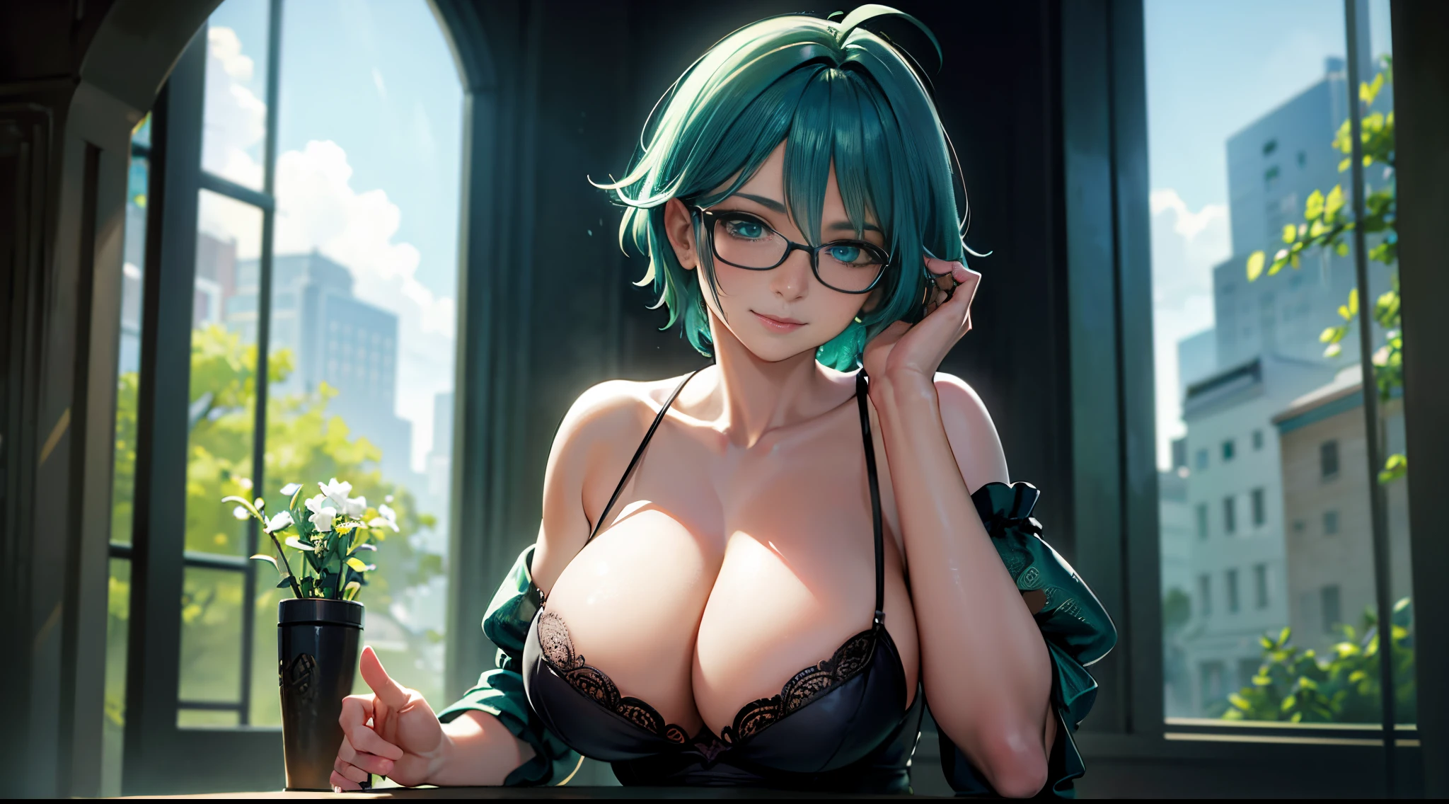 highly detailed, 8k, masterpiece, 1girl, 53 years old, milf, teal and green hair, messy hair, asymmetrical hair, ahoge, very short hair, aqua eyes, medium breasts, pale skin, glasses, dress, bend_over , smirk, (perfect_face), sitting, desk, ornate, intricate, dramatic lighting, 4k, detailed_background, caustics, full_body, (hyperrealistic:1.3), bloom,(beautiful lighting:1.3), caustics, dynamic lighting, beautiful lighting,