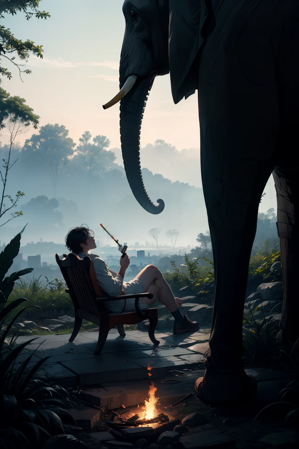 Establishing shot, back of a makeshift throne, elephant tusks sticking out behind it, protagonist resting on the throne, legs placed in the armrests, smoking a cigarette, only legs and hand holding cigarette visible, dark shot, man burning in the background