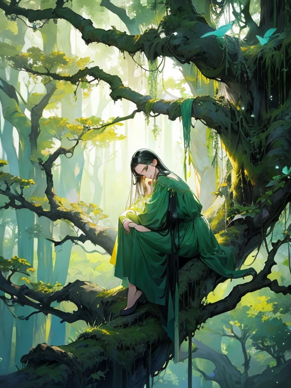 There a man in emerald green fairy clothes leaning against a big tree, Man has long black hair,High nose,largeeyelack eyes,slender eyebrow,Knife-like face,pretty,serious,sedate,Holding a long sword in his arms,leaning against a thick branch, dreamy surreal, Beautiful digital artwork, stunning digital illustration, sitting in the tree, dreamlike digital painting, Surreal digital artwork, 3d render digital art, A beautiful artistic illustration, dramatic sitting position