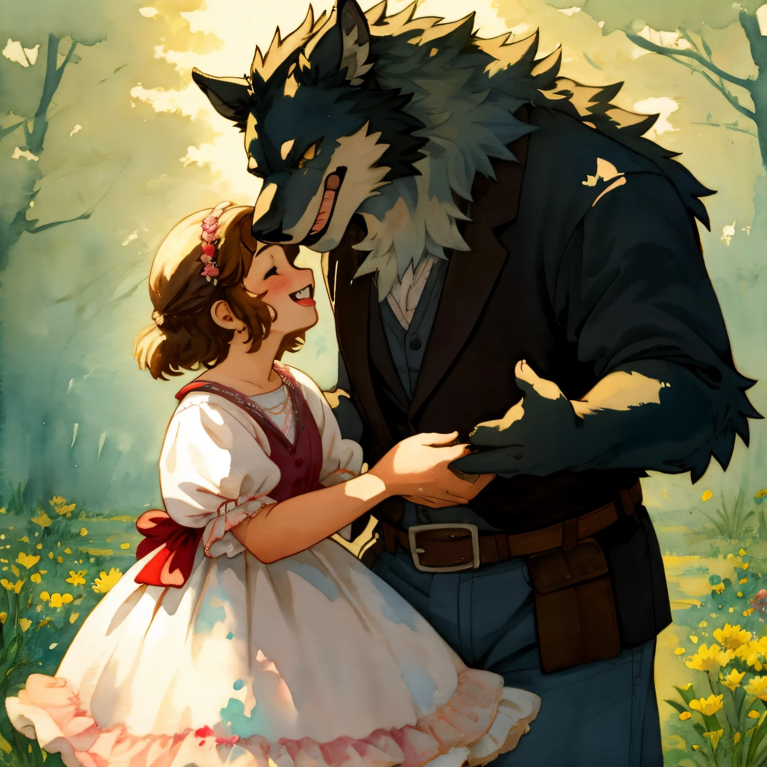 watercolor, soft color, Vintage images, highres, unparalleled masterpiece, absurdres, love story of human Child girl and giant Werewolf, love romance, family photograph, pair, Height difference, Physical difference, perfect anatomy, smile, joyful, play with, smile, happy, watercolor,