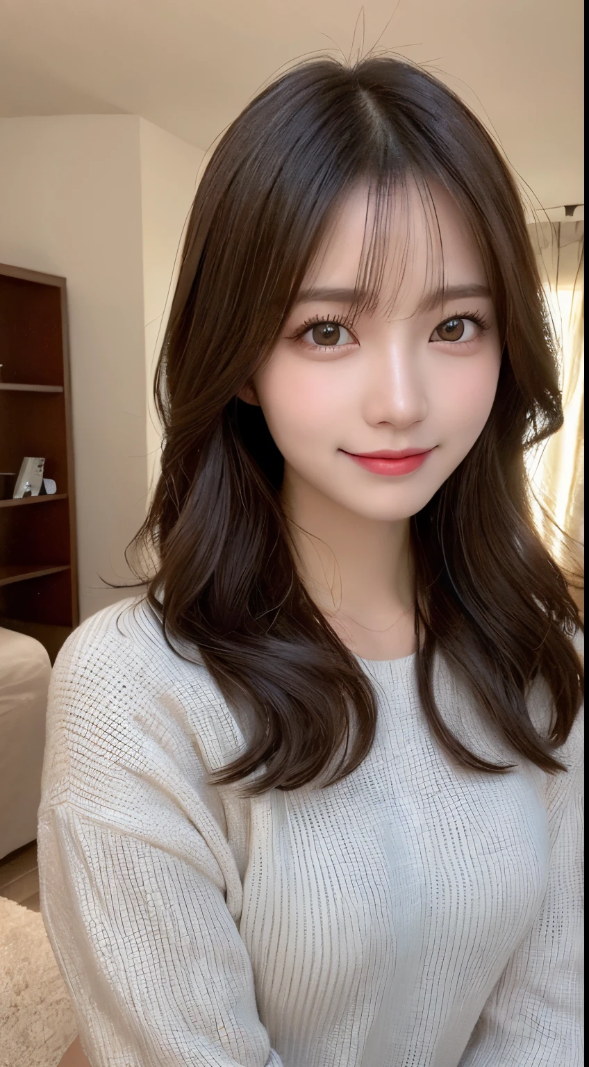 masutepiece, Best Quality, Illustration, Ultra-detailed, finely detail, hight resolution, 8K Wallpaper, Perfect dynamic composition, Beautiful detailed eyes, Trendy Women's Fashion Winter Clothes,Medium Hair,Small breasts natural color lip, Bold sexy poses,Smile,luxury house room、20 years girl、Cute、Sexy shot looking at camera