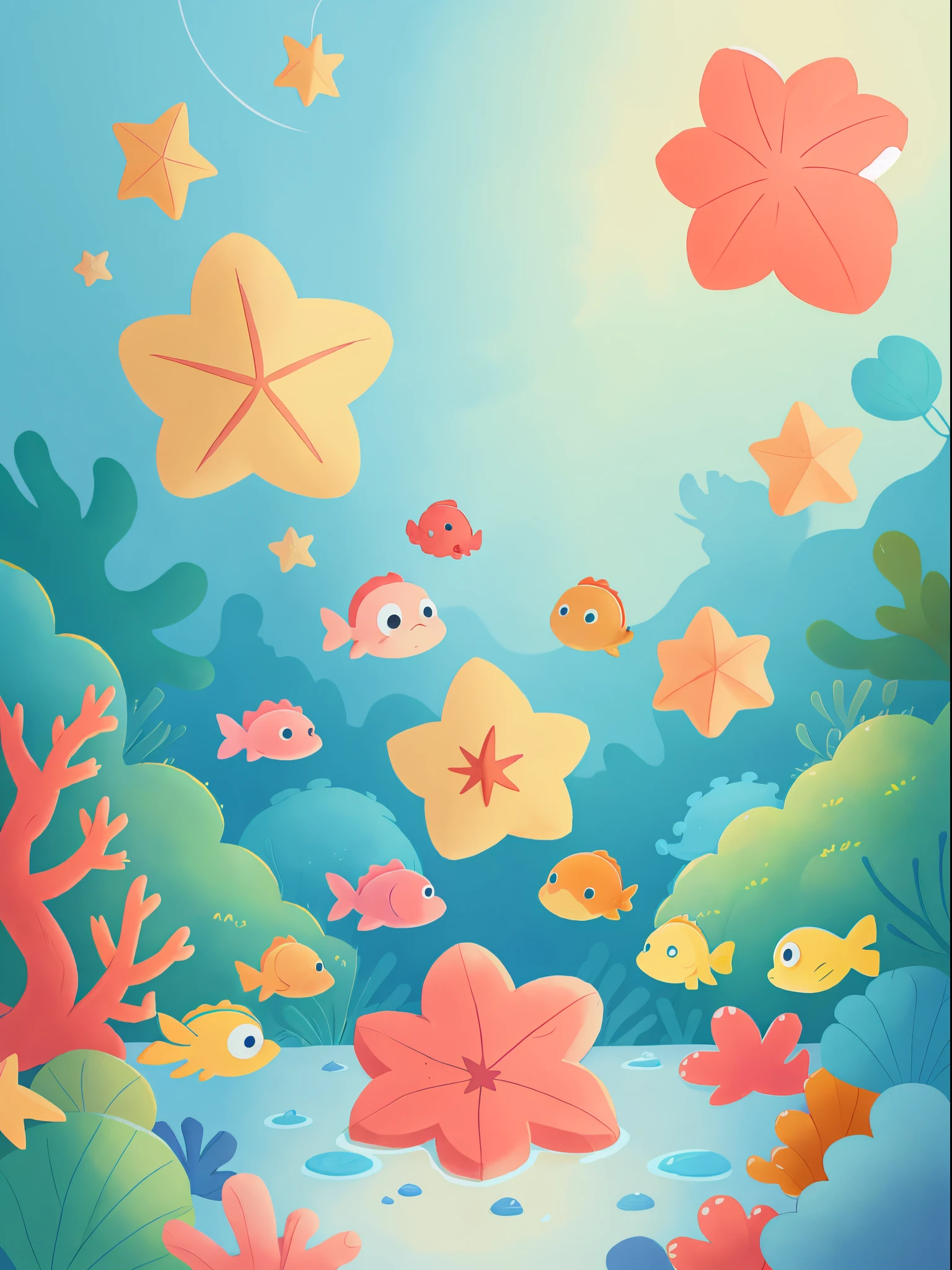 Little starfish live in the beautiful underwater world,Surrounded by colorful corals and swimming fish,classical animation,continuous shooting,Cinematic immersion,Sense of story,coloring book,picture book story,High saturation color,colorful illustrations,publication,(No children!!!)