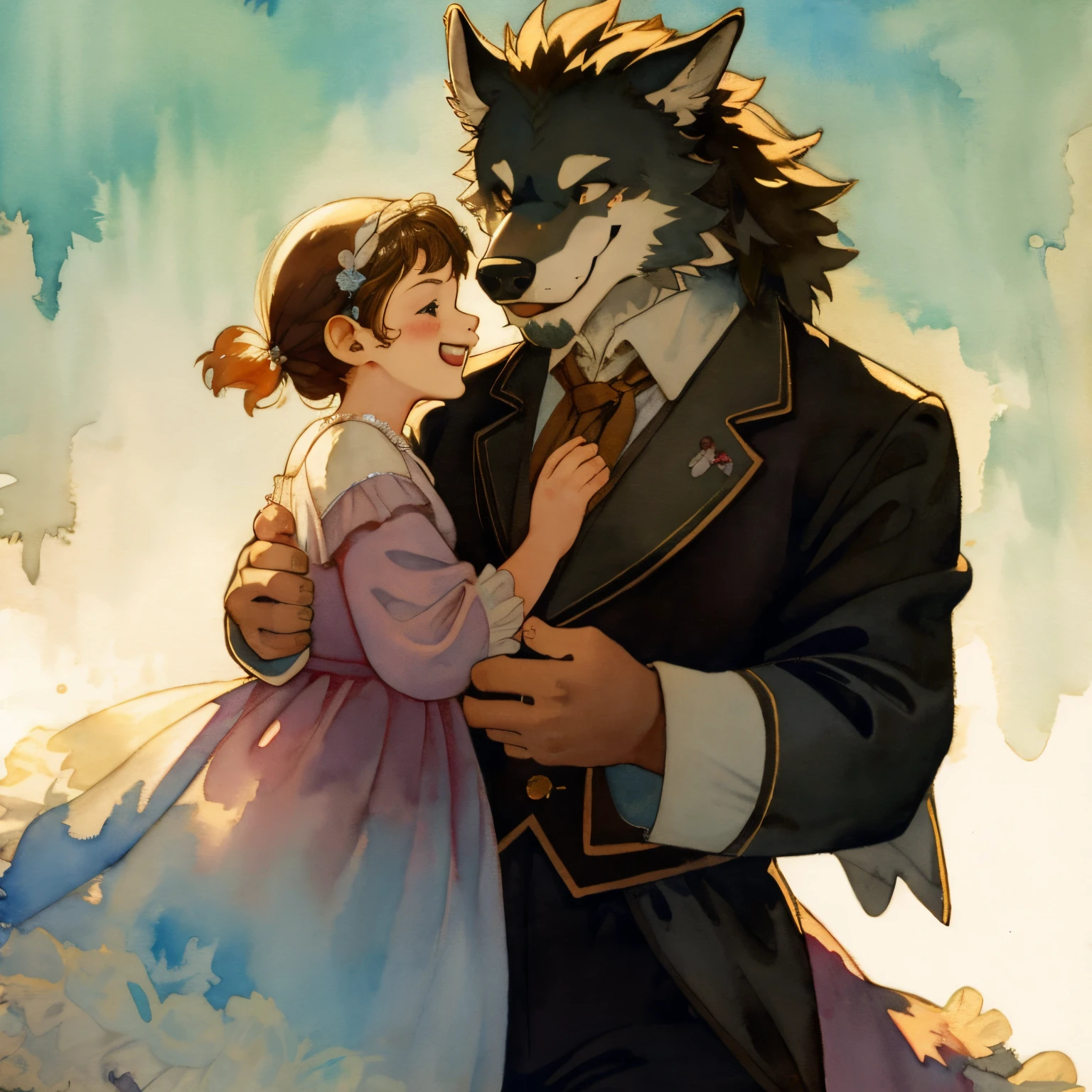 watercolor, soft color, Vintage images, highres, unparalleled masterpiece, absurdres, love story of human Child girl and giant Werewolf, love romance, family photograph, pair, Height difference, Physical difference, perfect anatomy, smile, joyful, play with, smile, happy, watercolor,