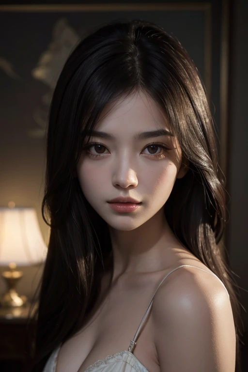 high quality, 8K Ultra HD, hyper-realistic portrait of a captivating woman, The woman portrayed in a moonlit setting, her features bathed in a soft, diffused glow that accentuates the delicate nuances of her expression. The artist, drawing from Sargent's precision, captures every subtle contour of her face, the intricacies of her gaze, and the cascading strands of her hair, In this mysterious ambiance, the artist employs da Vinci's mastery of shadow and light, creating an alluring interplay that accentuates the enigmatic aura surrounding the woman, Shadows dance across her features, enhancing the depth of her gaze and adding a touch of secrecy to the composition, highly detailed, chinese, small tits, black top